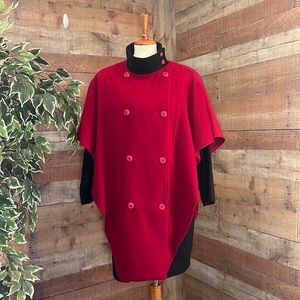 BERT NEWMAN Red Black Vintage 80’s Wool Double Breasted Illusion Poncho Coat